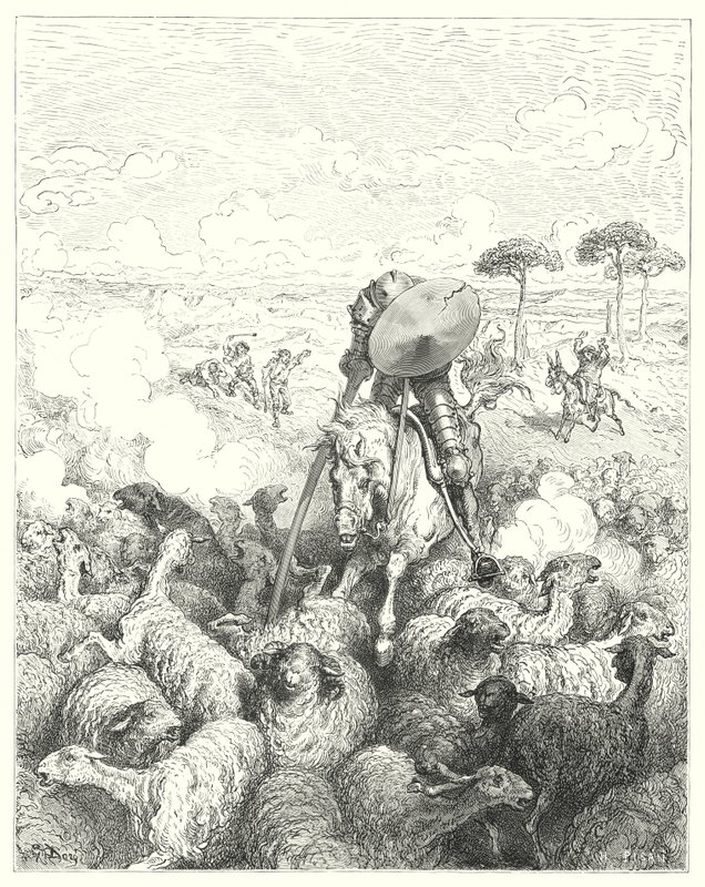 Gustave Dores Don Quixote: "Han angreb eskadronen af får" (gravering) af Gustave Dore