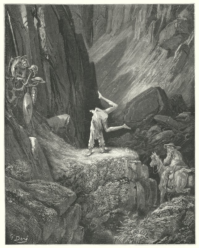 Gustave Dores Don Quixote: "Han gav to eller tre frisksving i luften, og så slog han på hænderne og hentede hælene over hovedet to gange sammen" (gravering) af Gustave Dore