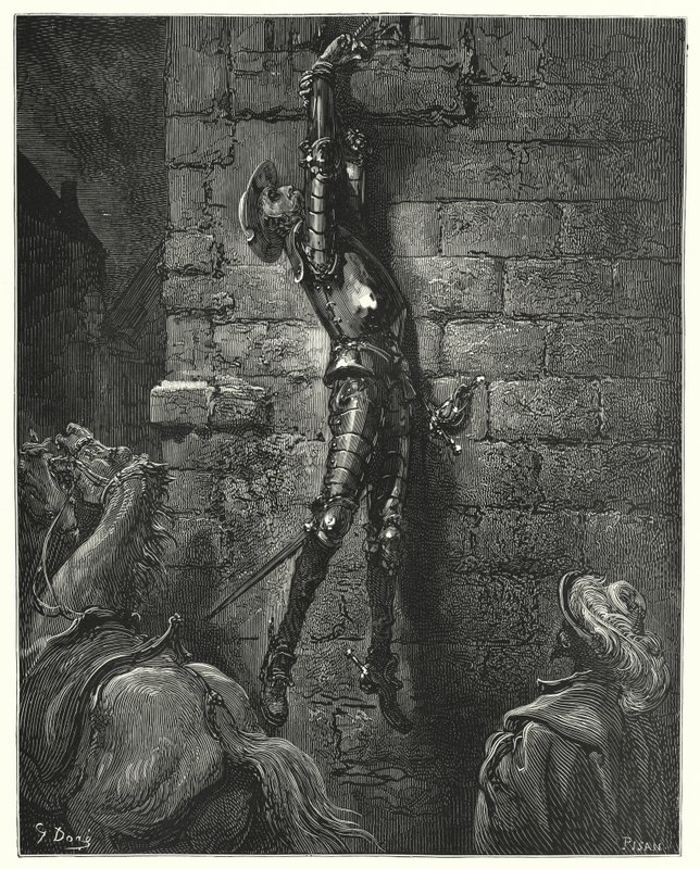 Gustave Dores Don Quixote: "Han var uundgåeligt faldet til jorden, havde hans håndled ikke været forsvarligt fastgjort til rebet" (gravering) af Gustave Dore