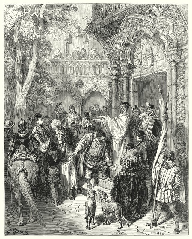 Gustave Dores Don Quixote: "Han kyssede hertugen og hertugindens hånd ved afskeden og modtog sin herres velsignelse" (stik) af Gustave Dore