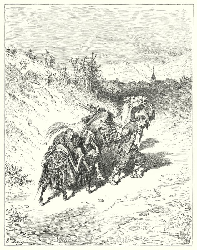 Gustave Dores Don Quixote: "Han førte dem alle mod landsbyen og traskede selv en fod, meget eftertænksom" (gravering) af Gustave Dore