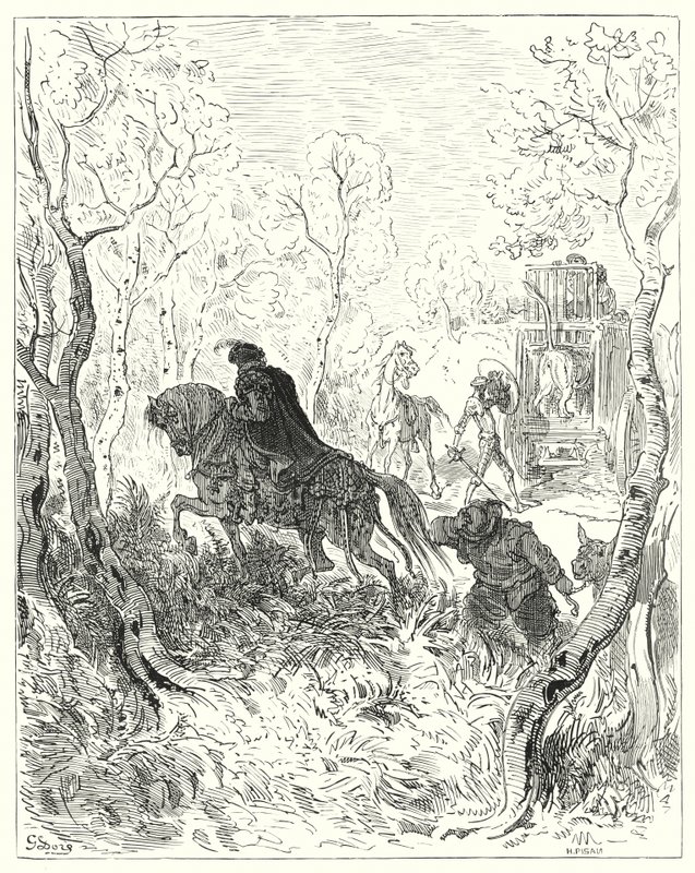 Gustave Dores Don Quixote: "Han postede sig lige før døren til buret" (gravering) af Gustave Dore