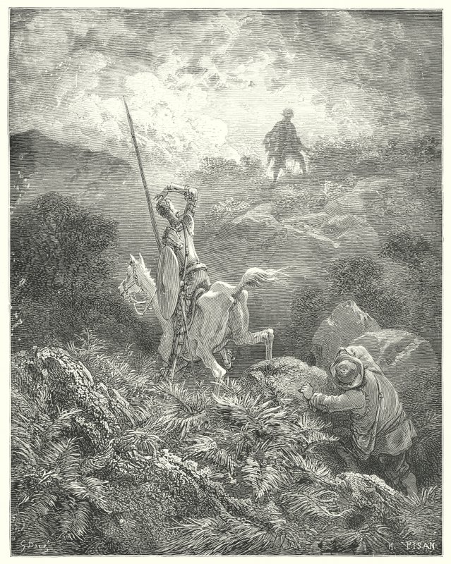 Gustave Dores Don Quixote: "Han spionerede på toppen af en stenet klippe lige foran ham en mand, der sprang fra klippe til klippe med vidunderlig smidighed" (gravering) af Gustave Dore