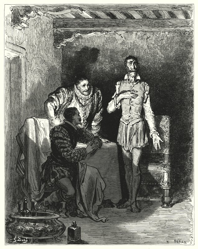 Gustave Dores Don Quixote: "Han fortalte herrerne hele historien om, at hun blev fortryllet" (gravering) af Gustave Dore