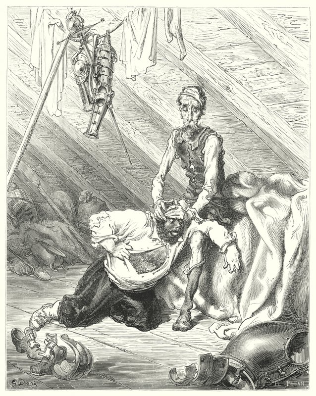 Gustave Dores Don Quixote: "Han troede i sandhed, at hans sidste time var kommet" (gravering) af Gustave Dore
