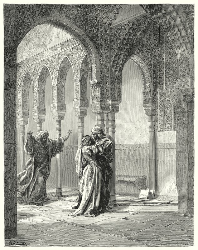 Gustave Dores Don Quixote: "Hendes far kom hastigt til os, og da han så sin datter i denne tilstand, spurgte han hende, hvad der var i vejen" (gravering) af Gustave Dore