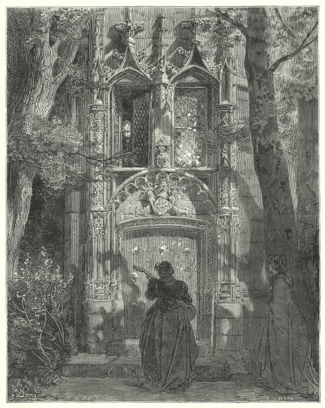Gustave Dores Don Quixote: "Her endte den frie pige sin sang" (gravering) af Gustave Dore