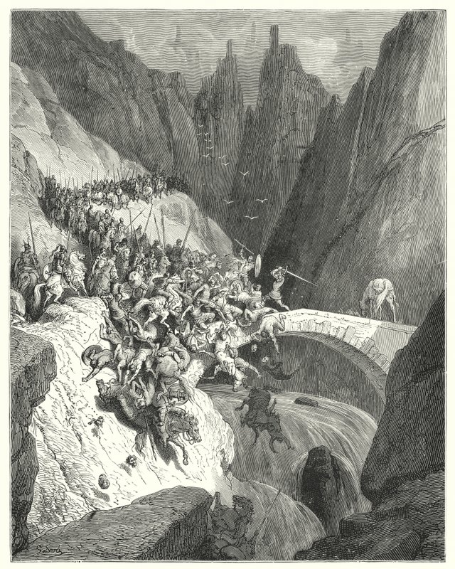 Gustave Dores Don Quixote: "Hvordan Don Diego Garcia med sin eneste styrke forsvarede passagen af en bro mod en stor hær" (gravering) af Gustave Dore