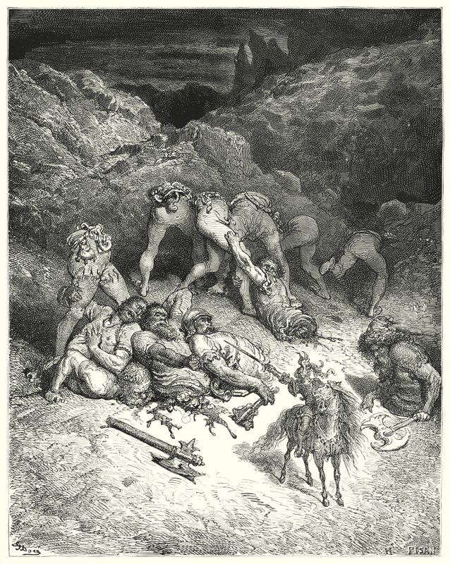 Gustave Dores Don Quixote: "Hvordan Felixmarte afskar fem giganter på midten" (gravering) af Gustave Dore