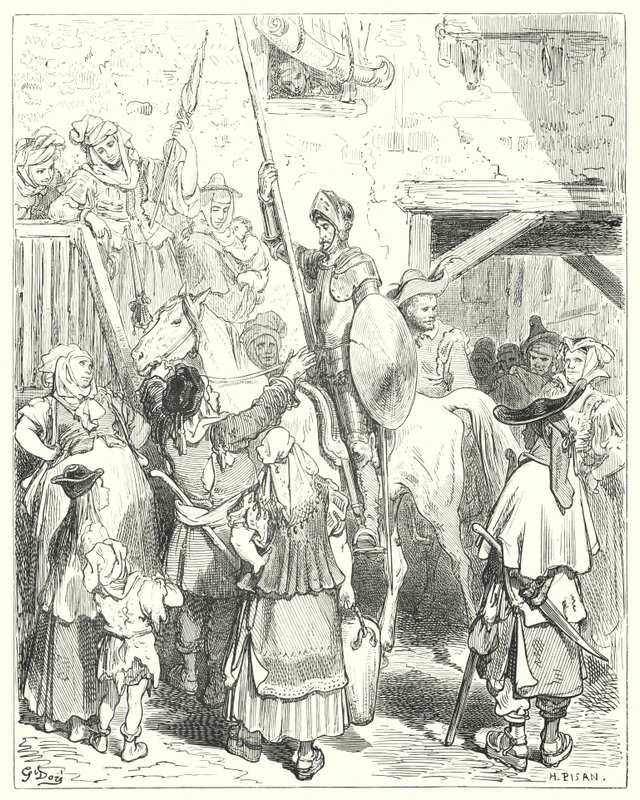Gustave Dores Don Quijote: "Jeg har intet med alt dette at gøre," råbte kroejeren; "betal din regning" (gravering) af Gustave Dore