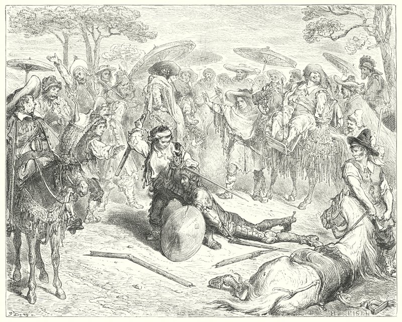 Gustave Dores Don Quixote: "På trods af sine arme tæskede han ham som en hvedekærv" (gravering) af Gustave Dore