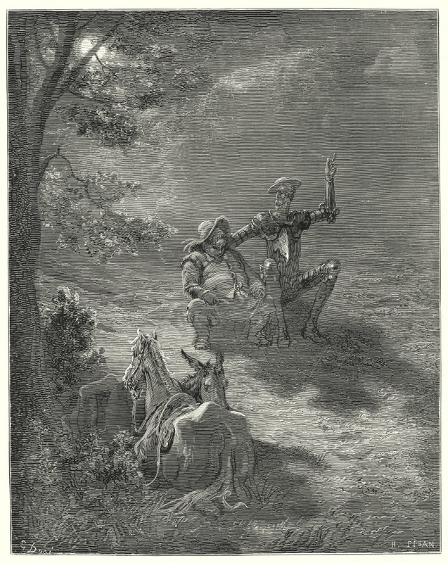 Gustave Dores Don Quixote: "I sådanne taler passerede de en stor del af natten" (gravering) af Gustave Dore
