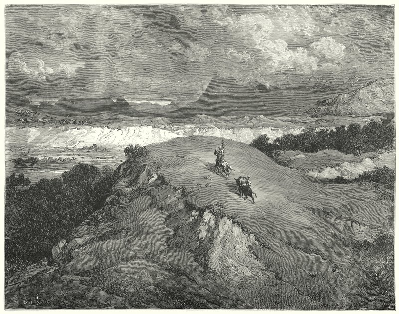 Gustave Dores Don Quixote: "Det var nat før vores to rejsende nåede til den mest ørkende del af bjerget" (gravering) af Gustave Dore