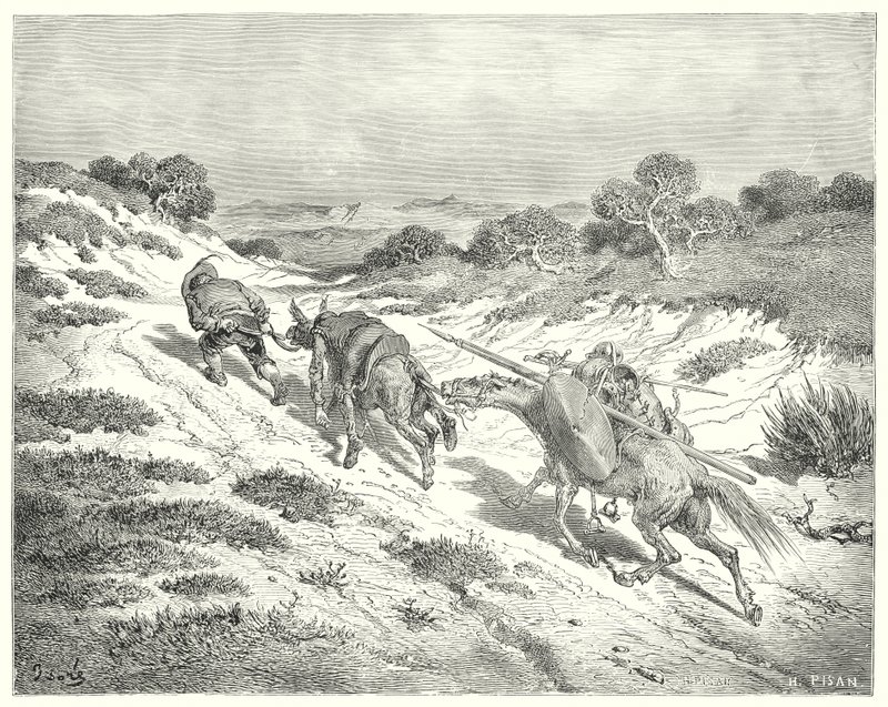 Gustave Dores Don Quixote: "Han førte røvet ved grimen og tog den nærmeste vej, han kunne gætte, til hovedvejen" (gravering) af Gustave Dore