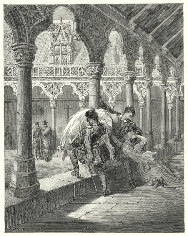 Gustave Dores Don Quixote: "Lucinda, der fandt sig selv i hans magt, faldt i svime" (gravering) af Gustave Dore