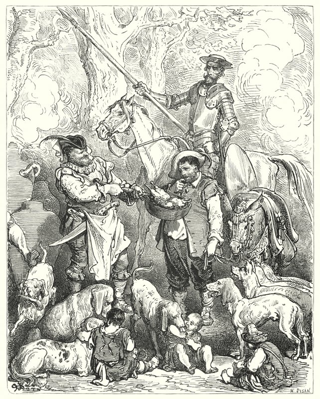 Gustave Dores Don Quixote: "Foretag skift for at holde din mave med det, indtil middagen er klar" (gravering) af Gustave Dore