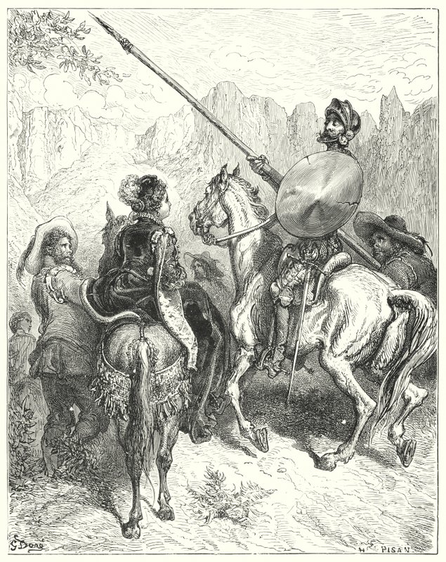 Gustave Dores Don Quixote: "Nu, frue," sagde Don Quixote, "lad mig bede din storhed om at fortælle mig, hvilken vej vi skal gå, for at tjene dig" (gravering) af Gustave Dore