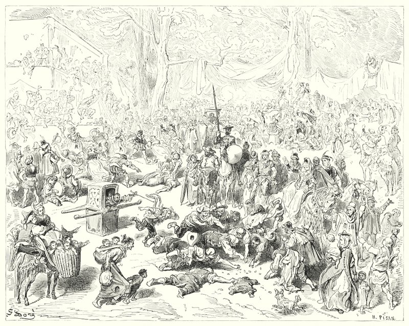 Gustave Dores Don Quixote: "Den stakkels Sancho fulgte sin herre med et tungt hjerte" (gravering) af Gustave Dore