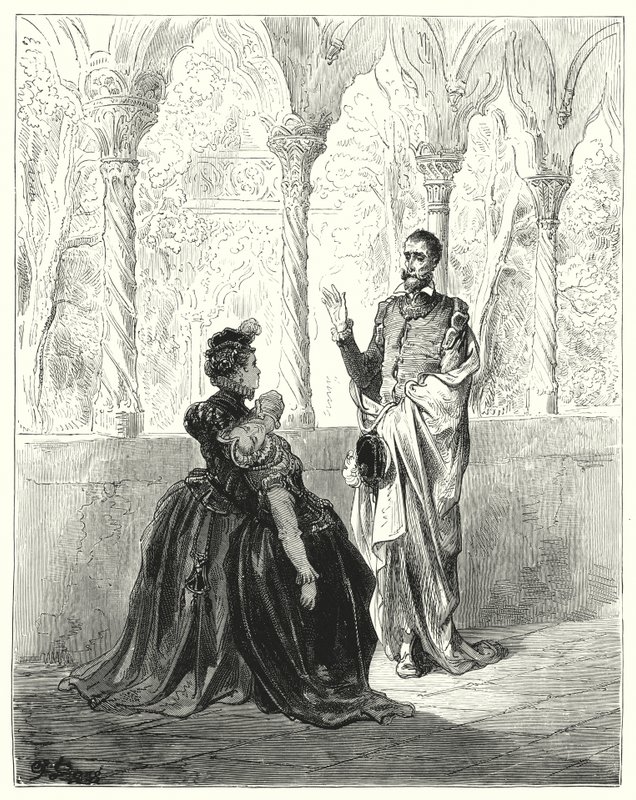 Gustave Dores Don Quixote: "Bed, min Herre Don Quixote, gå på pension, for denne stakkels unge skabning vil ikke komme til sig selv, mens du er forbi" (gravering) af Gustave Dore