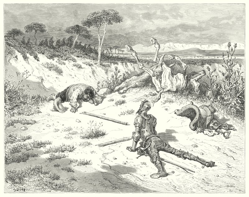 Gustave Dores Don Quixote: "Sancho, jeg har altid hørt det sagt, at at gøre en godhed mod klovne er som at kaste vand i havet" (gravering) af Gustave Dore