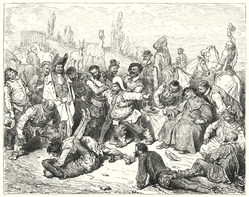 Gustave Dores Don Quixote: "Sancho Panza alene var irriteret, ærgrede sig ihjel og rasede som en gal" (gravering) af Gustave Dore