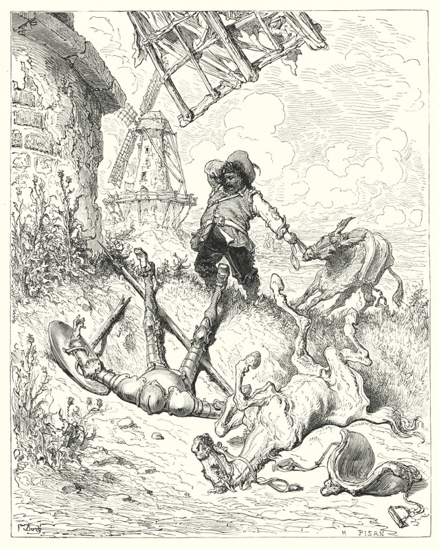 Gustave Dores Don Quixote: "Sancho løb så hurtigt hans røv kunne køre for at hjælpe sin herre" (gravering) af Gustave Dore