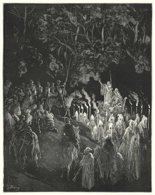 Gustave Dores Don Quixote: "Figuren i kjolen rejste sig" (gravering) af Gustave Dore