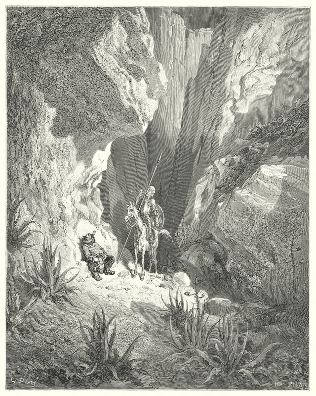 Gustave Dores Don Quixote: "Det første, han fandt, var det grove udkast til en sonet; så han læste det højt" (gravering) af Gustave Dore