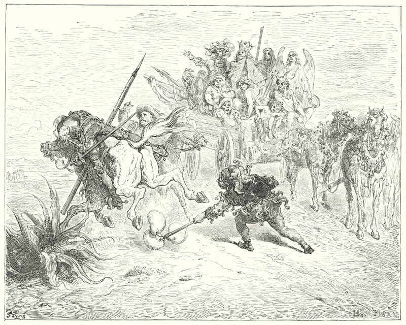 Gustave Dores Don Quixote: "Stykkets fjols kom op og sprang rundt med sine morriceklokker" (gravering) af Gustave Dore