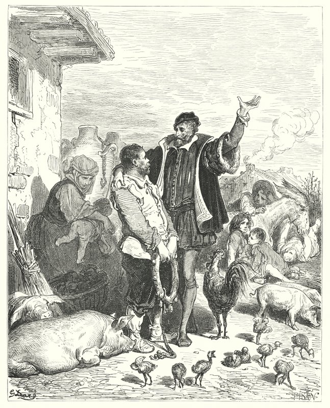 Gustave Dores Don Quixote: "Ridderen gav ham så mange retfærdige løfter, at den stakkels tåbelige klovn til sidst indvilligede i at gå med ham og blive hans væbner" (gravering) af Gustave Dore