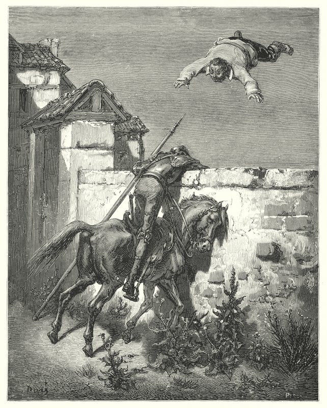 Gustave Dores Don Quixote: "Jo mere han stormede, jo mere kastede de og lo" (gravering) af Gustave Dore