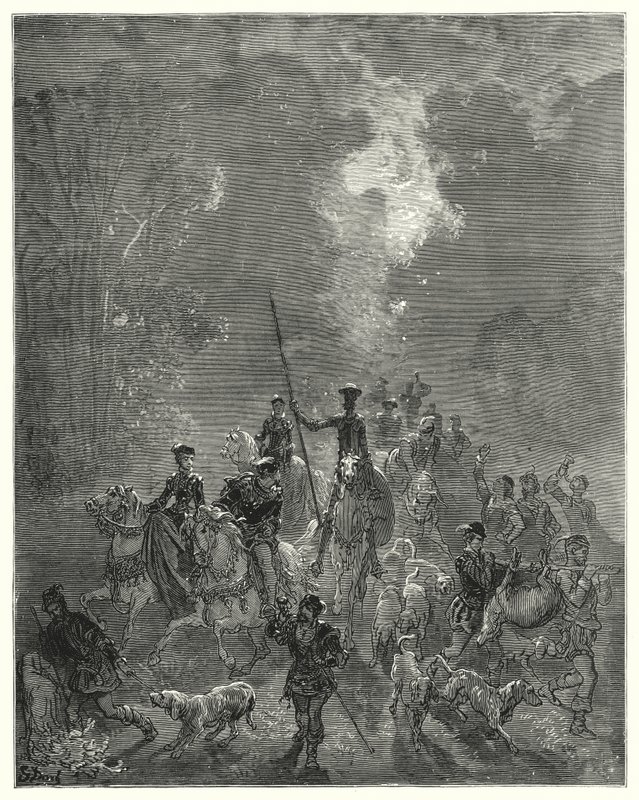 Gustave Dores Don Quixote: "Morgenen begyndte at sprede hendes smilende blik i den østlige del af himlen" (gravering) af Gustave Dore