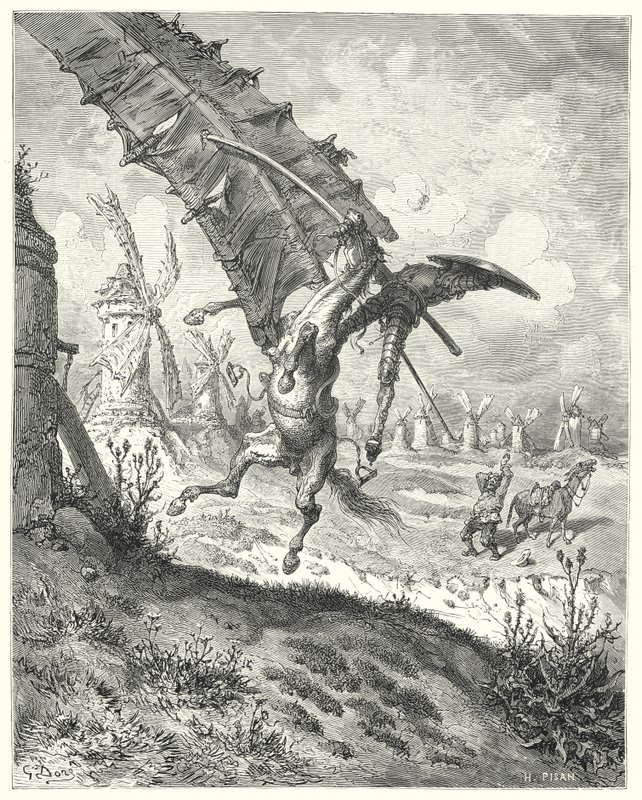 Gustave Dores Don Quixote: "Sejlet smed både ridder og hest væk sammen med det" (gravering) af Gustave Dore