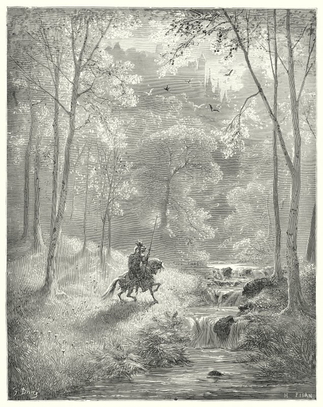 Gustave Dores Don Quixote: "Himlen forekommer ham mere gennemsigtig, og solen ser ud til at skinne med fordoblet lysstyrke" (gravering) af Gustave Dore