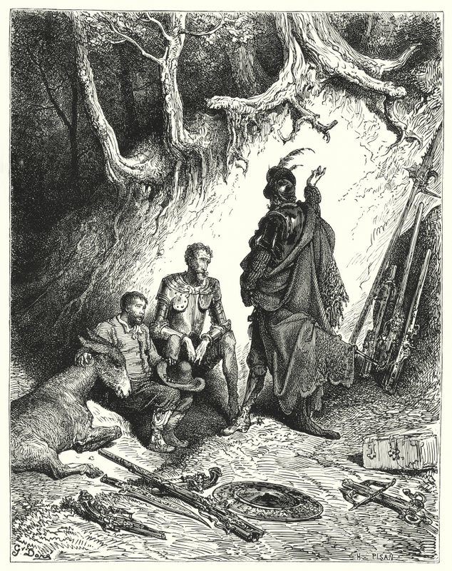 Gustave Dores Don Quixote: "Væberne forlod Don Quixote, Roque og Sancho for at afvente deres tilbagevenden" (gravering) af Gustave Dore