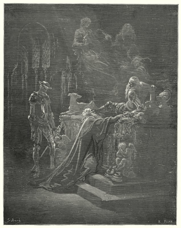 Gustave Dores Don Quixote: "Den ærværdige Montesinos faldt på knæ foran den ramte ridder" (stik) af Gustave Dore