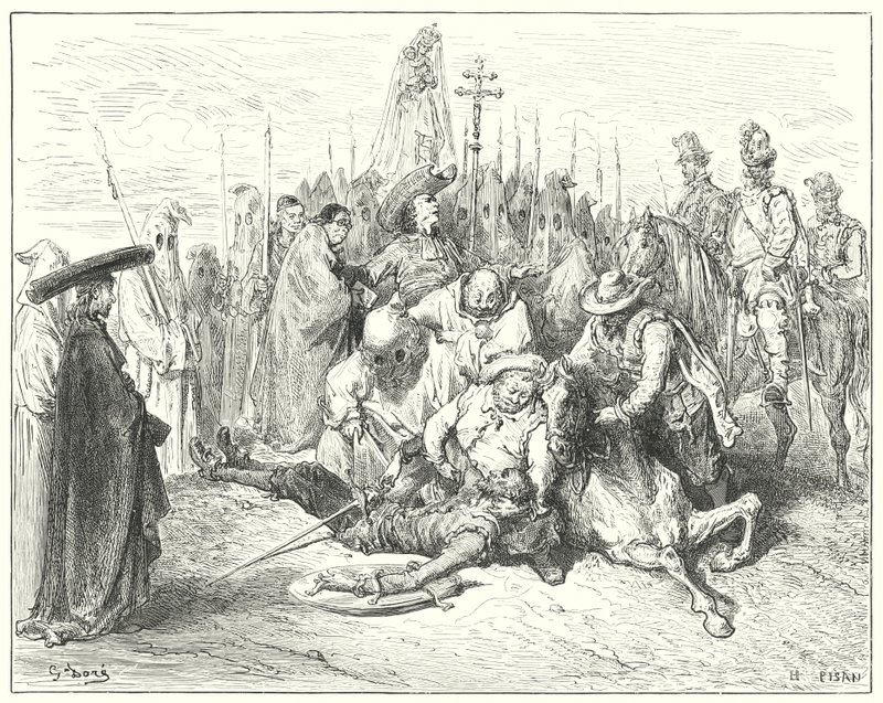 Gustave Dores Don Quijote: "De uhyggelige accenter af væbnerens stemme blev endelig kaldt Don Quijote for sig selv" (gravering) af Gustave Dore