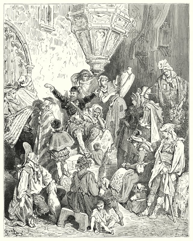 Gustave Dores Don Quixote: "Der var ikke det land på jordens overflade, som han ikke havde set, eller kamp, som han ikke havde været involveret i" (gravering) af Gustave Dore