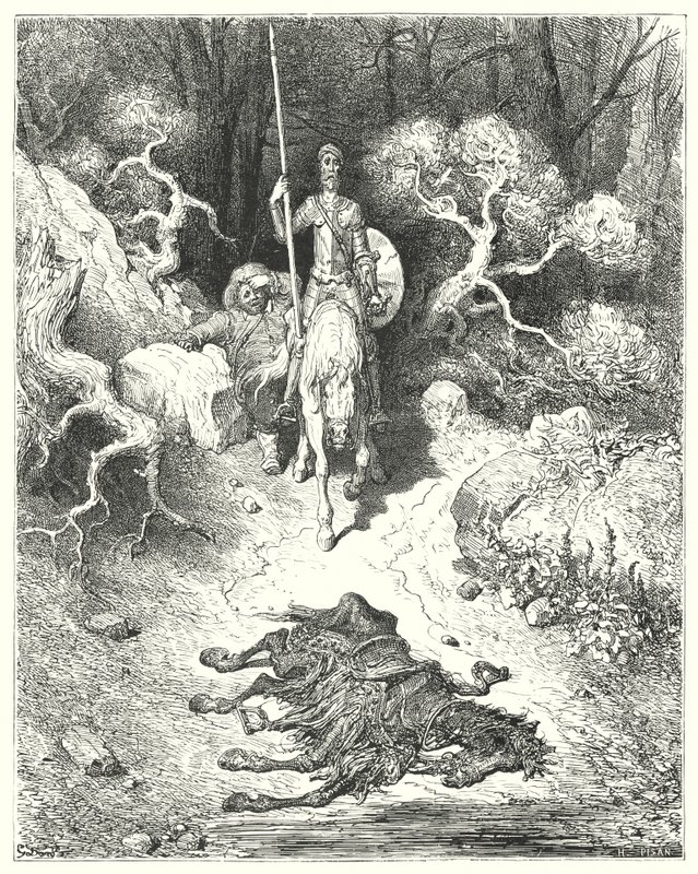 Gustave Dores Don Quixote: "De kom til en park, hvor de fandt et muldyr liggende død" (gravering) af Gustave Dore