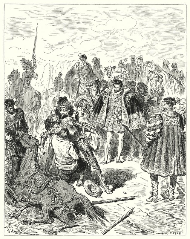 Gustave Dores Don Quixote: "De fandt ham bleg og i koldsved" (gravering) af Gustave Dore