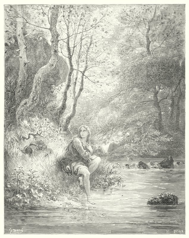 Gustave Dores Don Quixote: "De spionerede en ung i en landlig vane, der sad ved foden af en klippe bag et asketræ" (gravering) af Gustave Dore