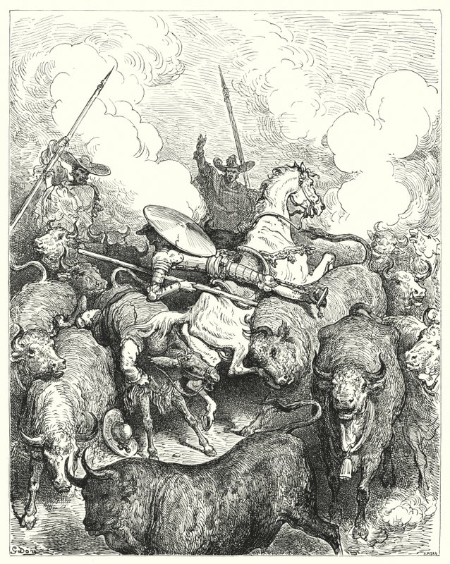 Gustave Dores Don Quixote: "De trampede dem under fødder med en ubarmhjertig fart" (gravering) af Gustave Dore