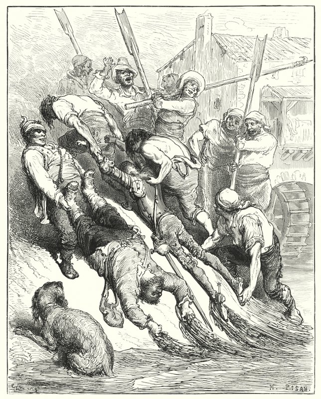 Gustave Dores Don Quixote: "De blev begge trukket i land, mere gennemblødte end tørstige" (gravering) af Gustave Dore