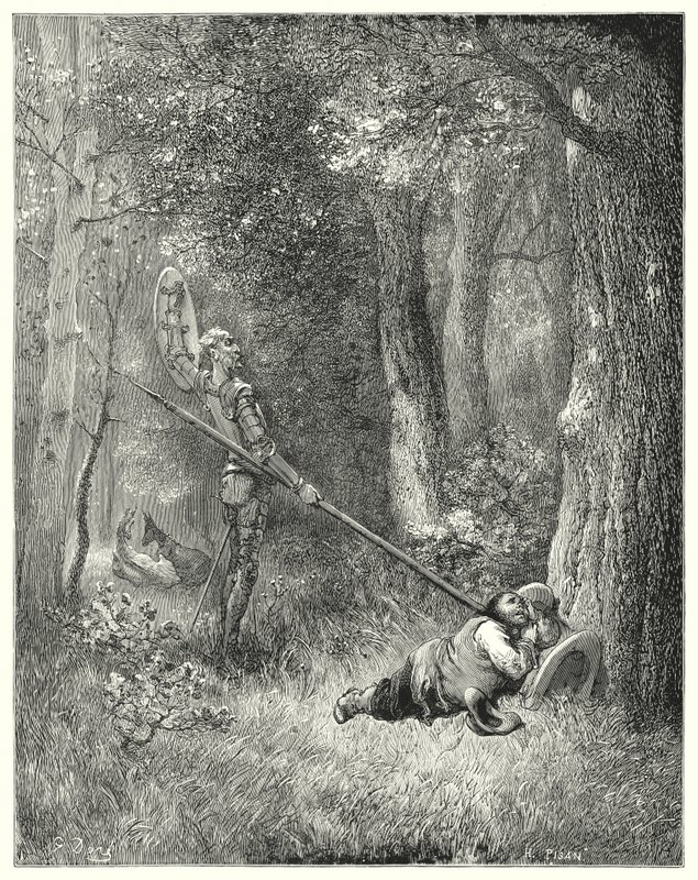 Gustave Dores Don Quixote: "Til al denne fine udlægning svarede Sancho ikke et ord" (gravering) af Gustave Dore