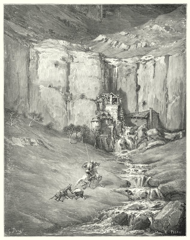 Gustave Dores Don Quixote: "Da de kom nærmere, begyndte selv tålmodige Rozinante selv ved den frygtelige lyd" (gravering) af Gustave Dore