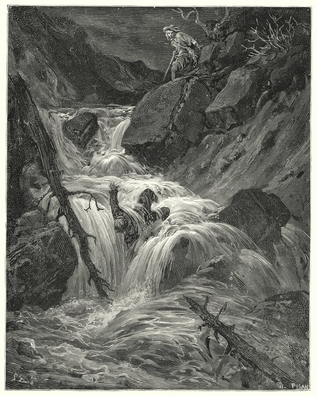 Gustave Dores Don Quixote: "Med den lille styrke, jeg havde, skubbede jeg ham ned ad et afgrund, hvor jeg forlod ham" (gravering) af Gustave Dore
