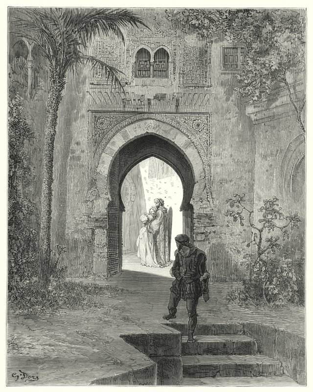 Gustave Dores Don Quixote: "Zoraida, der viste problemer i sit udseende, gik væk med sin far" (gravering) af Gustave Dore