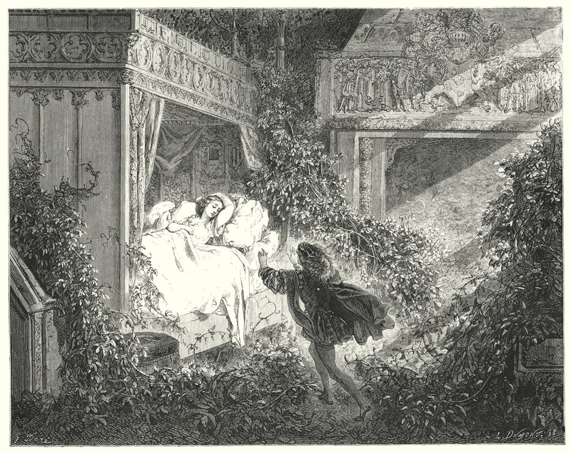 Tornerose; Tornerose (gravering) af Gustave Dore