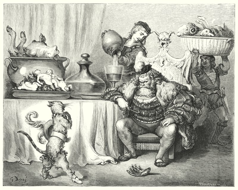 Mesterkatten eller pusset i støvler; Puss In Boots (gravering) af Gustave Dore