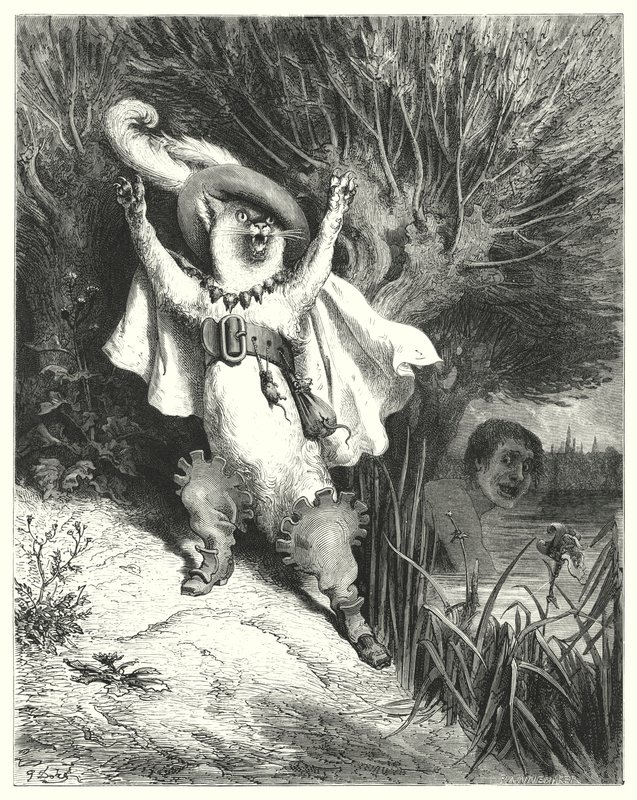 Mesterkatten eller pusset i støvler; Puss In Boots (gravering) af Gustave Dore